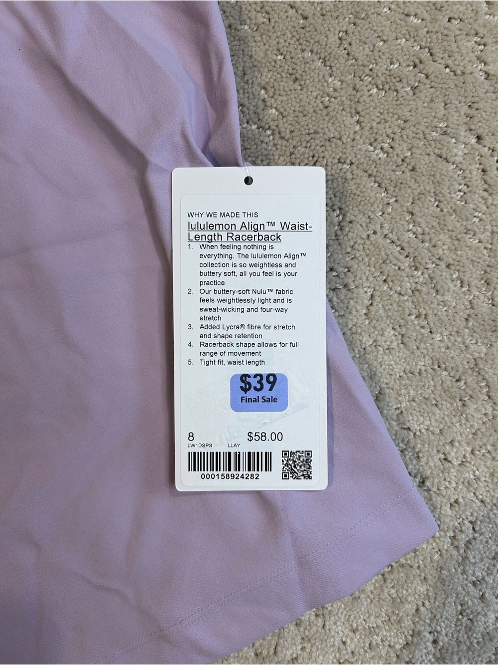 NWT Lululemon Align Waist Length Racerback Tank Top Lilac Play Size 8 - Picture 3 of 7